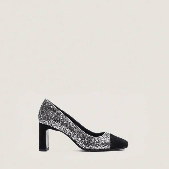 Block-Heel Pumps with Square Toes in black suede and dark silver glitter | DOG