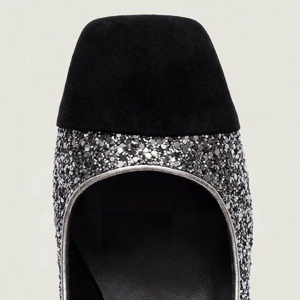 Block-Heel Pumps with Square Toes in black suede and dark silver glitter | DOG