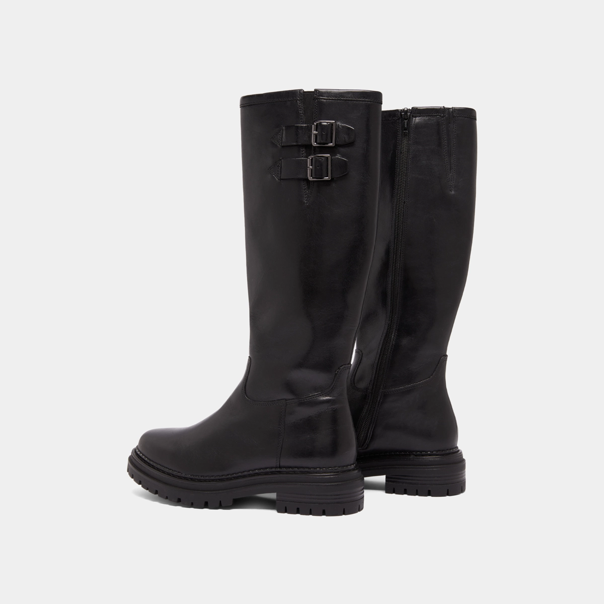 Bottes hautes &agrave; semelles crant&eacute;es et bou... in black leather | ADALIA