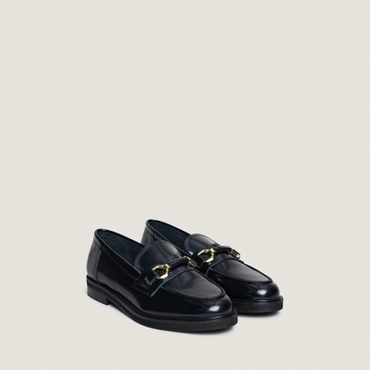 Loafers with gold bits in black glazed leather | drop
