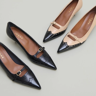 Escarpins &agrave; brides et d&eacute;tails perfor&eacute;s..... in black patent and beige leather | dalta