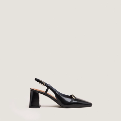 Slingbacks &agrave; talons in black glazed leather | dadelle