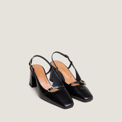 Slingbacks &agrave; talons in black glazed leather | dadelle