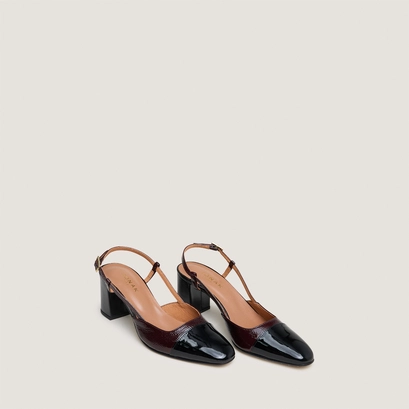 Slingbacks &agrave; talons in black patent leather and burgundy pleated patent | dhapop
