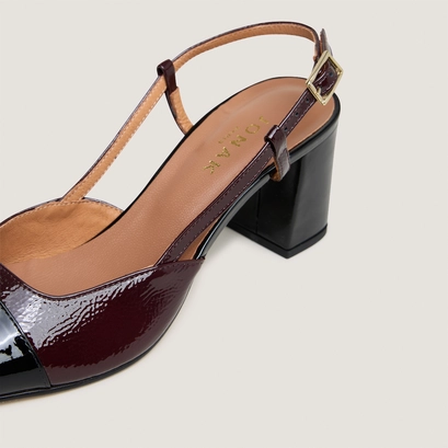 Slingbacks &agrave; talons in black patent leather and burgundy pleated patent | dhapop