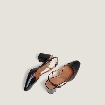 Slingbacks &agrave; talons in black patent leather and burgundy pleated patent | dhapop