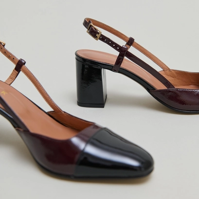 Slingbacks &agrave; talons in black patent leather and burgundy pleated patent | dhapop