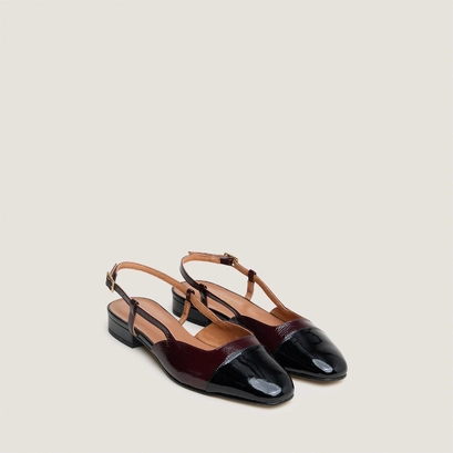 Slingbacks ballet flats in black patent leather and burgundy pleated patent | dhapou