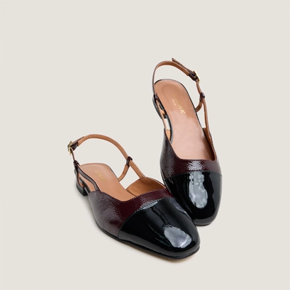 Slingbacks ballet flats in black patent leather and burgundy pleated patent | dhapou