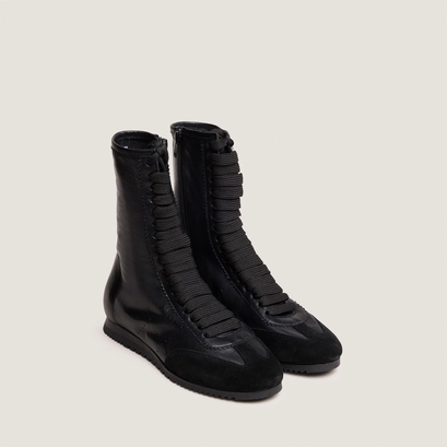Baskets hautes &agrave; lacets in black suede and black leather | doubone
