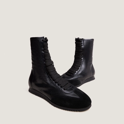 Baskets hautes &agrave; lacets in black suede and black leather | doubone