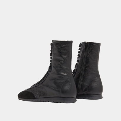 Baskets hautes &agrave; lacets in black suede and black leather | doubone