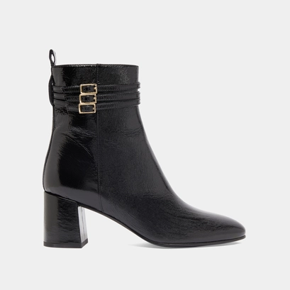 Bottines d&eacute;taill&eacute;es de boucles in black pleated patent | durano