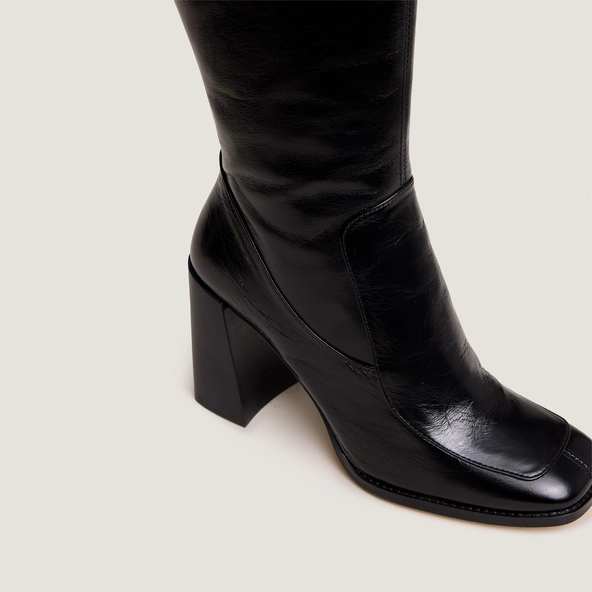 Square-toe high boots in black distressed leather calf size M | VAUBANE