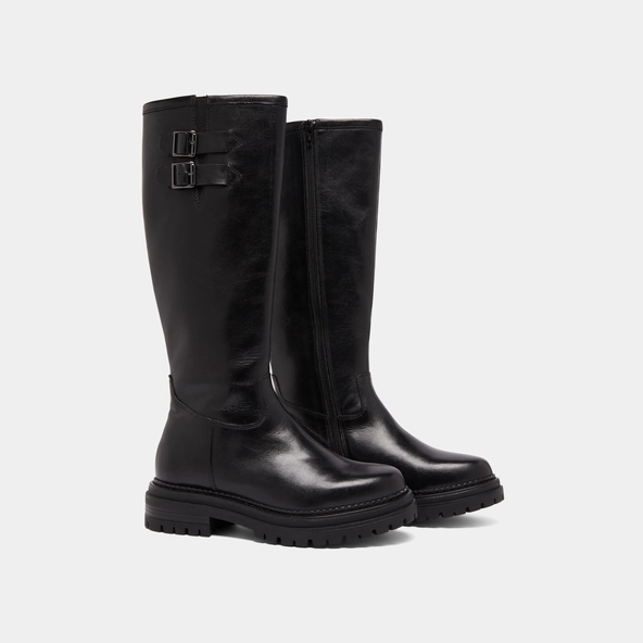 Bottes hautes &agrave; semelles crant&eacute;es et bou... in black leather | ADALIA