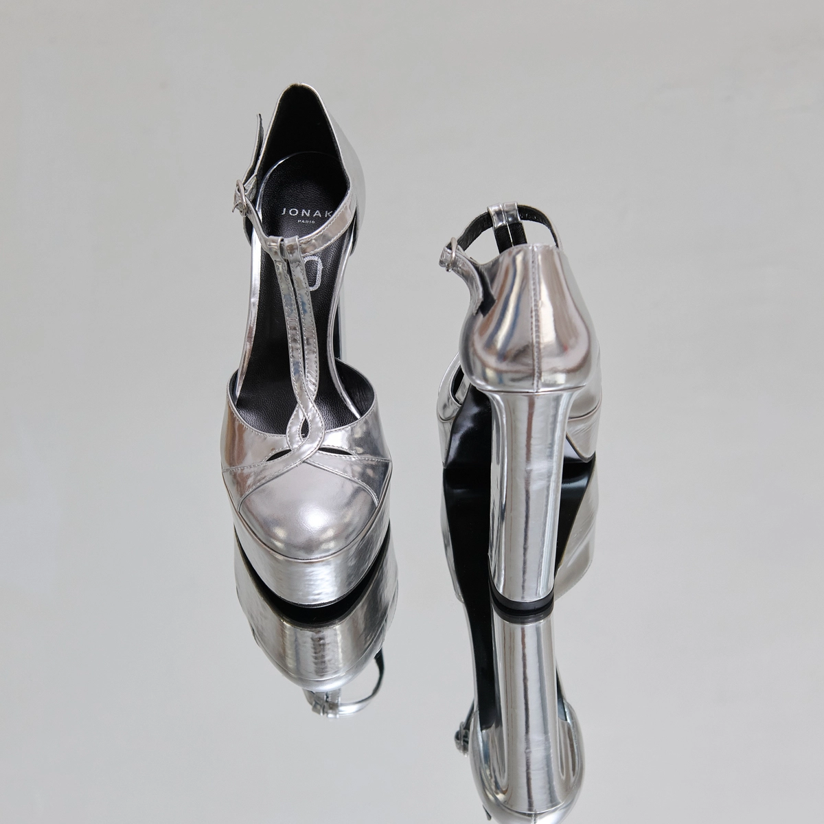 Salomés à talons et plateformes in silver metallic leather | REWIND
