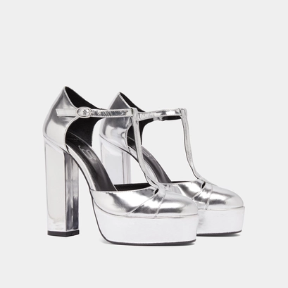 Salom&eacute;s &agrave; talons et plateformes in silver metallic leather | rewind