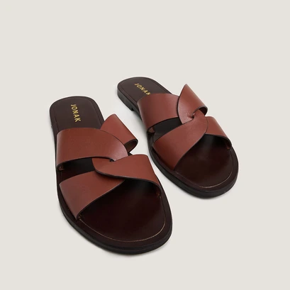 Nu-pieds &agrave; brides larges entrecrois&eacute;es... in cognac leather | WINKO