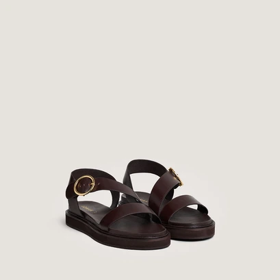 Sandales &agrave; brides larges in dark brown leather | wash