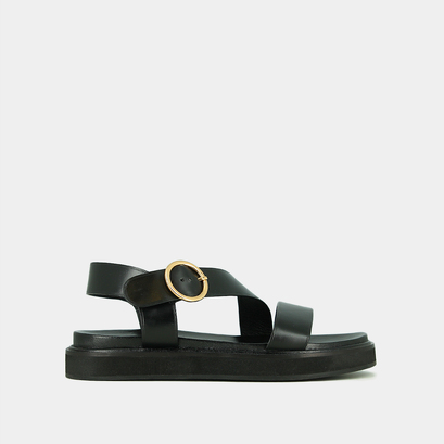Sandales &agrave; brides larges in black leather | wash