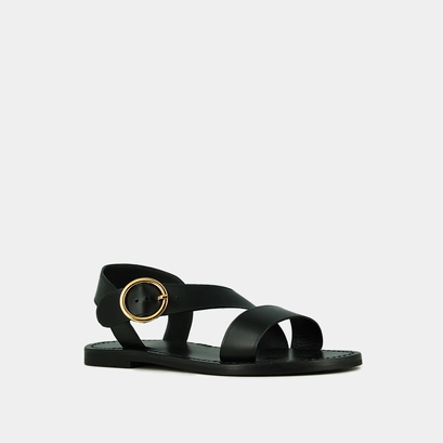 Sandals with wide straps and adjustable buckles in black leather | welbi