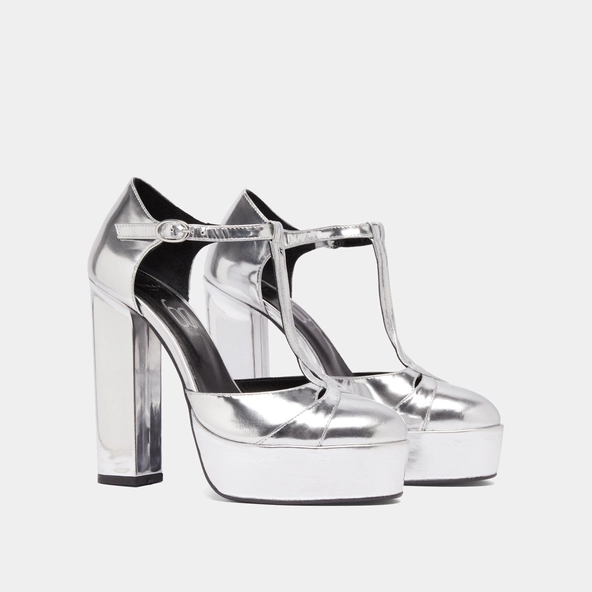 Salomés à talons et plateformes in silver metallic leather | REWIND