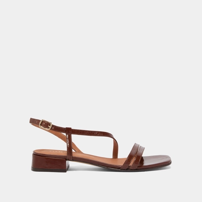 Sandals with small heels in dark brown shiny leather | anaya