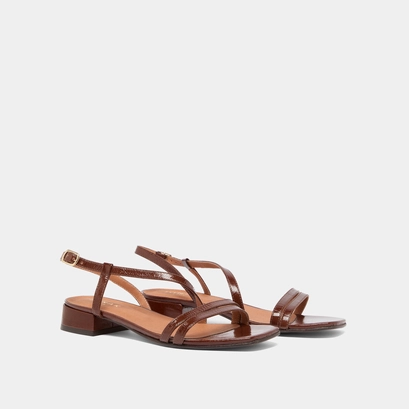 Sandals with small heels in dark brown shiny leather | anaya