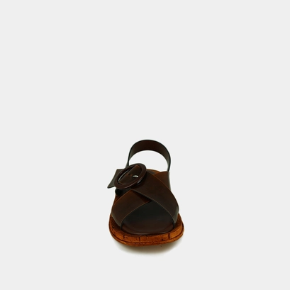 Sandales &agrave; lani&egrave;res entrecrois&eacute;es in cognac glazed leather | eulalie
