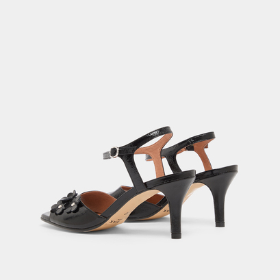 Sandales &agrave; talons et fleurs in black shiny leather | vava