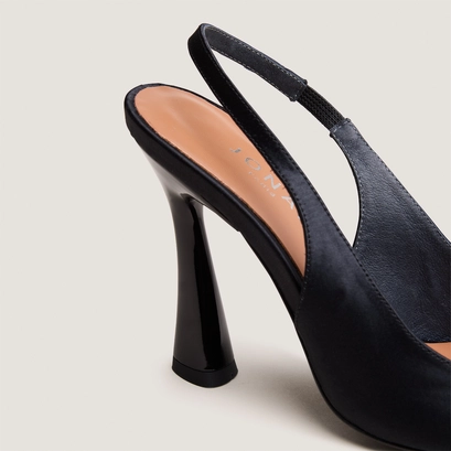 Pointed-toe slingbacks in black satin | dressy