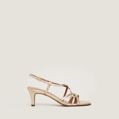 Sandales &agrave; talons in platinum metallic textile | distraite
