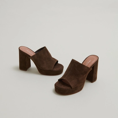 Heeled mules with platforms in brown suede | delle