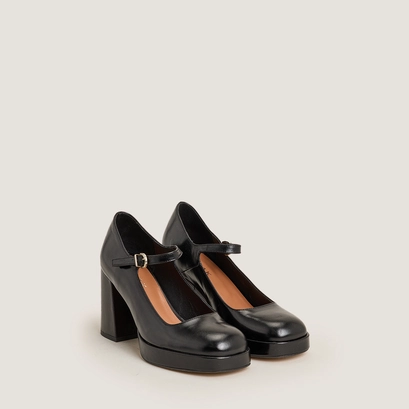 Platform mary jane with rounded toe in black leather | veritox