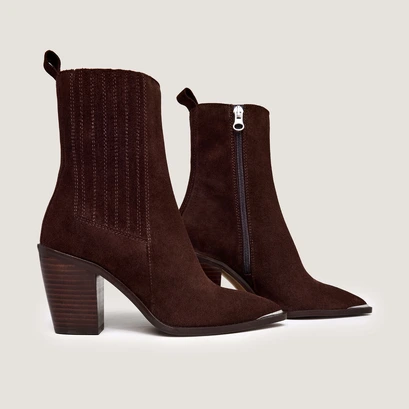 Gathered ankle boots with heel in chocolate brown suede | basama