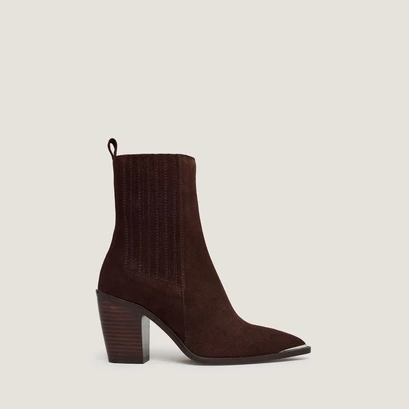 Gathered ankle boots with heel in chocolate brown suede | basama