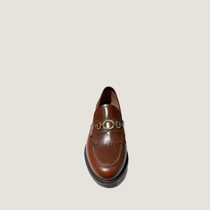 Loafers with gold buckle in cognac patinated leather | delphes