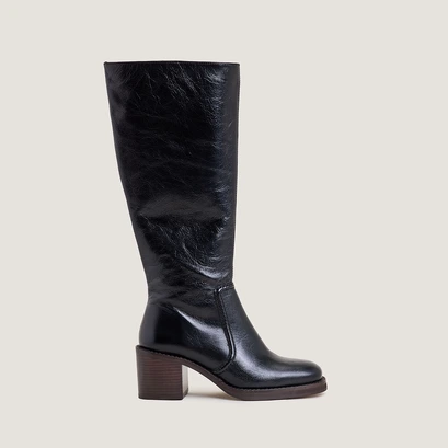 Bottes &agrave; talons lamell&eacute;s in aged black leather | bijou