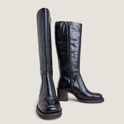 Bottes &agrave; talons lamell&eacute;s in aged black leather | bijou