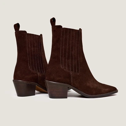 Ankle boots with heels and ruching in chocolate brown split leather | birman