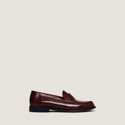 Penny loafers with raised soles in brown glazed leather | audelya