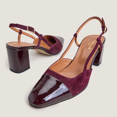 Heeled slingbacks in burgundy patent leather and suede | dhapop