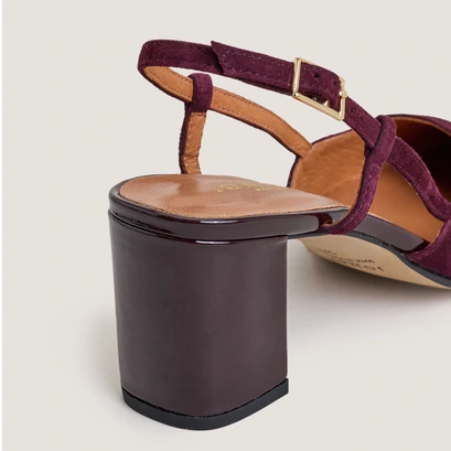 Heeled slingbacks in burgundy patent leather and suede | dhapop