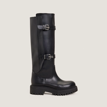 Boots with adjustable buckles in black leather | rebecca