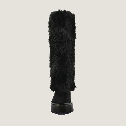 Bottes &agrave; poils in black split leather and black fleece | russel