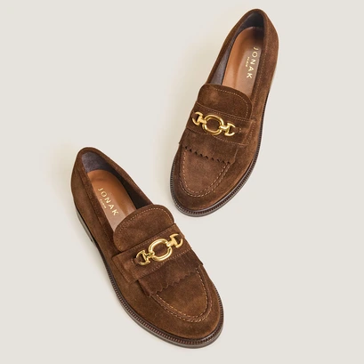 Loafers with golden buckles in brown split leather | delphes