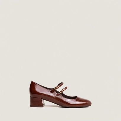 Mary janes with double straps in shiny brown leather | duny