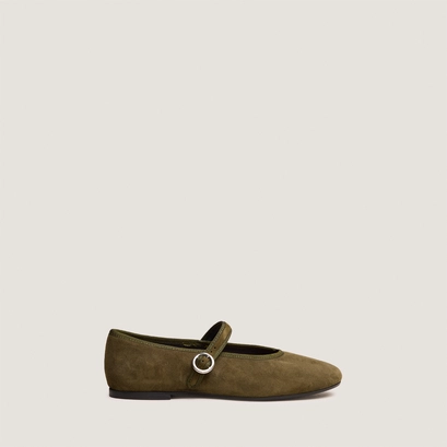 Ballet flats with straps and adjustable buckles in khaki velvet | deesse