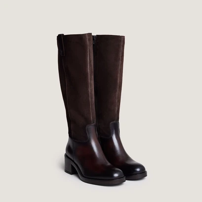 Bottes &agrave; talons in dark brown leather and suede | claire