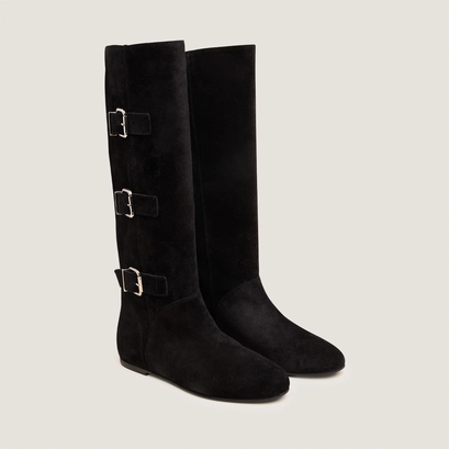 Bottes hautes &agrave; sangles in black split leather | deuzio